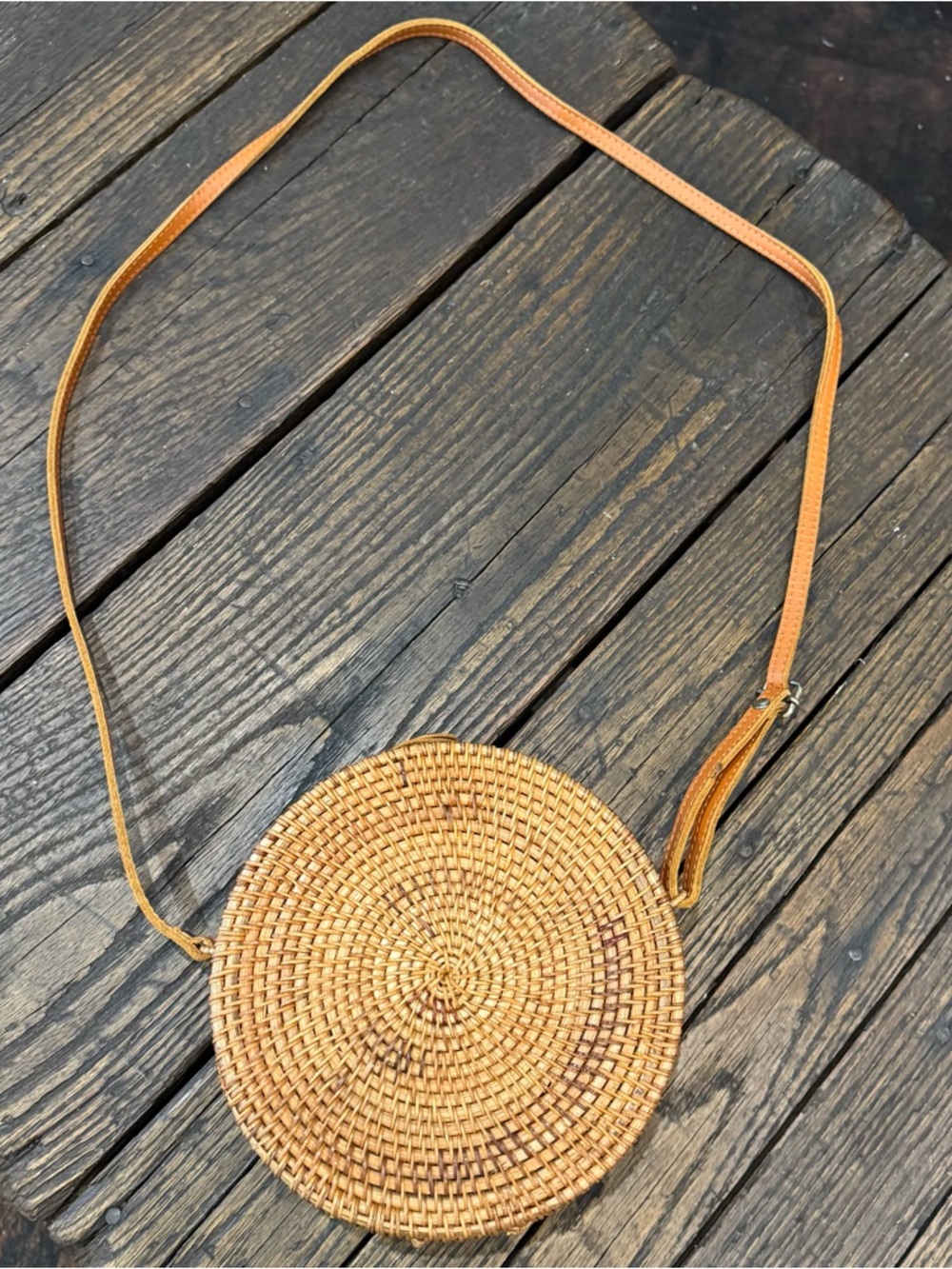 Woven Basket Round Crossbody Bag Purse in Tan / Brown with Tropical Lining